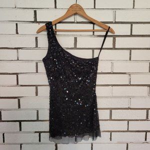 One Shoulder Sequin Black Top Small